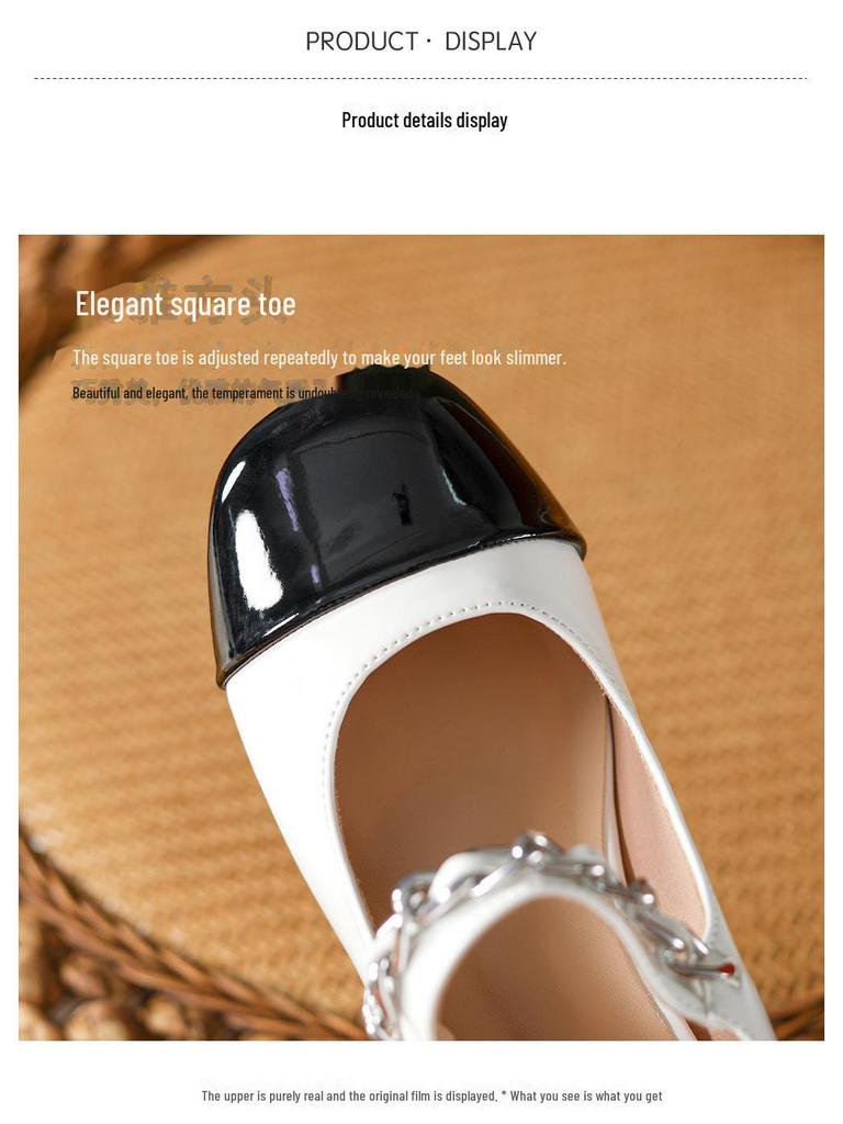 Inspired Mary Jane Thick-heeled Shoes for Women; Round-toed Design with One-word Strap and Pearl Color Accents, Versatile and Stylish.