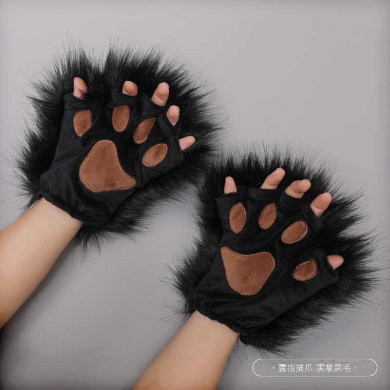 Harajuku Women Girls Plush Animal Claw Gloves Half Finger Wolf Cat'S Paw Gloves Halloween Lolita Cosplay Anime Set Accessories