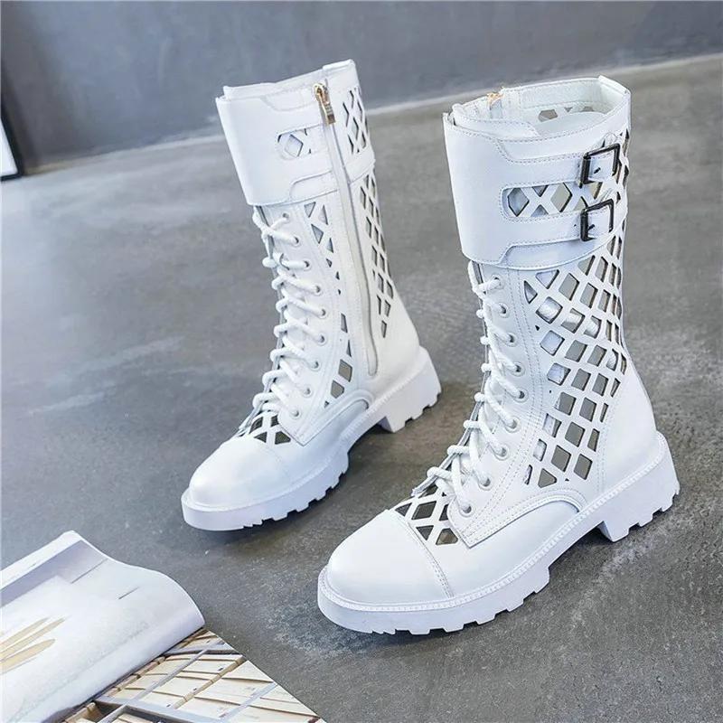 Women's Summer Knee High Boots Hollow Out Sexy Round Toe Cowhide Leather Square Heel Woman Back Zipper Booties Shoes