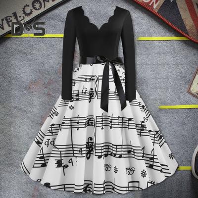 Damska sukienka vintage V Neck Kwiatowy brzeg Linia A Dekoracja z kokardką Duża huśtawka Nadruk w kratę Sukienka Midi Kontrastowy kolor Długi rękaw Gotycka impreza świąteczna