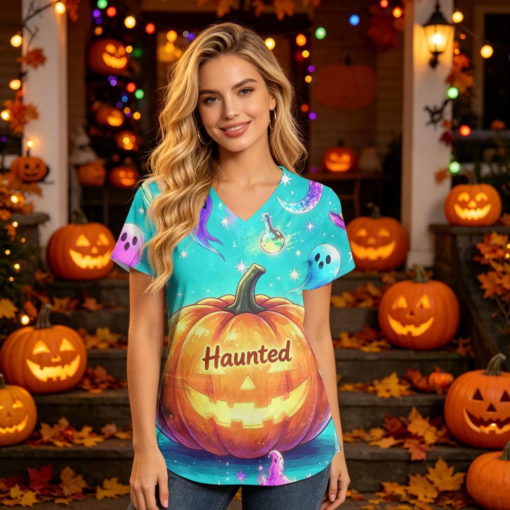 Women V Neck Short Sleeve Work Top with Pockets Halloween Themed Printed Scrub Shirt for Healthcare Professionals