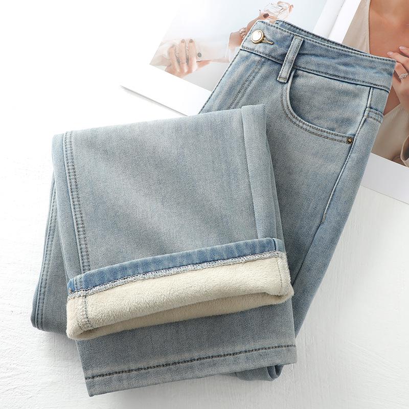 2024 Women's Fleece-Lined Wide Leg Jeans: Light Color, Thick, Floor-Length, for Autumn/Winter