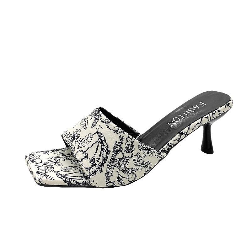 New Thick-heeled Slippers Spring and Summer Outer Wear Temperament Retro Embroidery Lazy Drag Printing Large Size Sandals Women