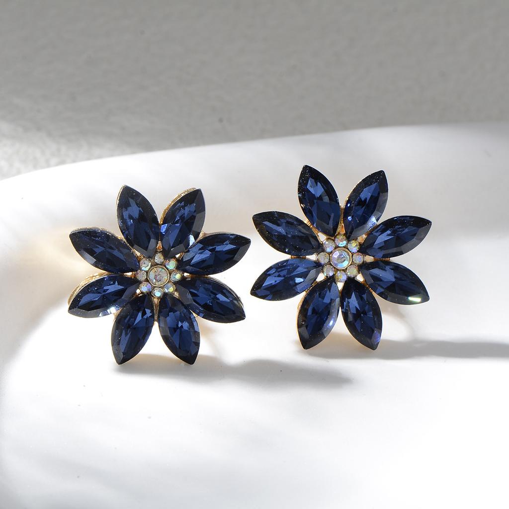 Vintage Light Luxury Colorful Diamond Sunflower Ear Clips High End Crystal Earrings Elegant Evening Party Jewelry