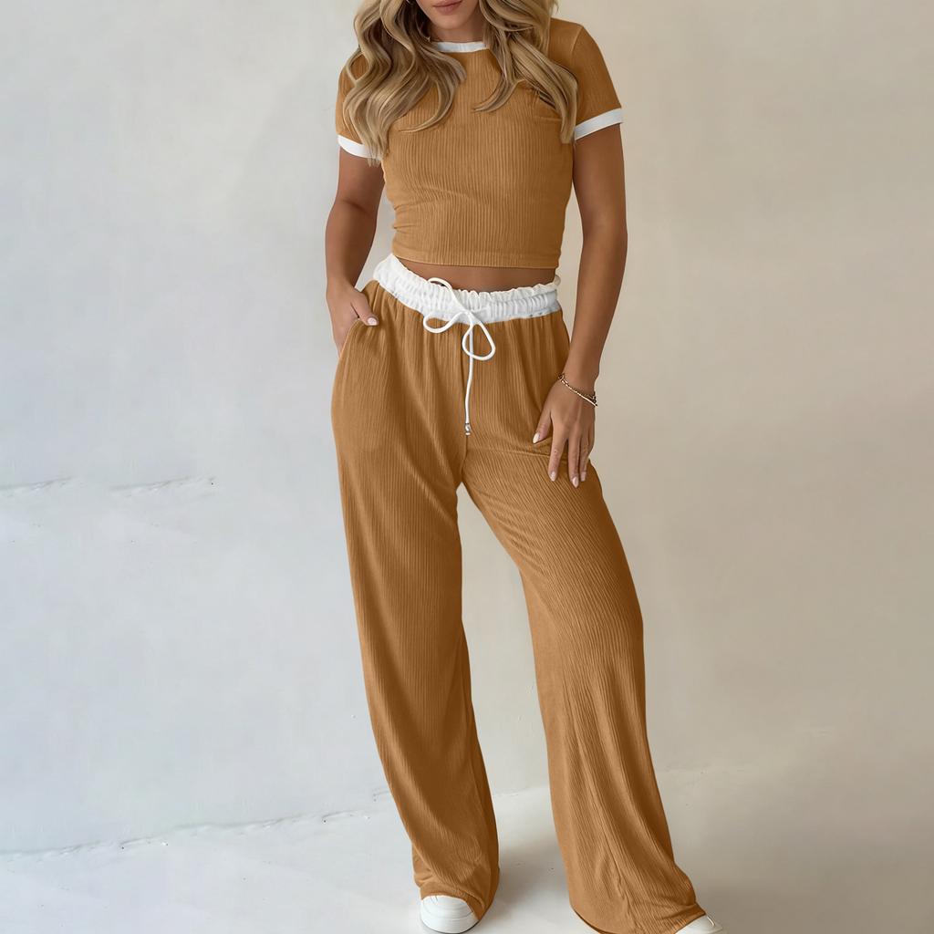 Women's Fashion Color Blocked Summer Round Neck Short Sleeved Top With Elastic Waist Casual Pants Sportswear Two-piece Set