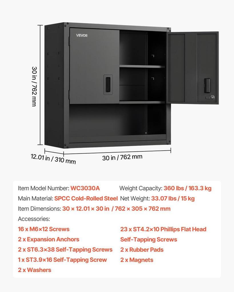 Metal Wall Cabinet, 76.2W X 30.5D X 76.2H Inch, Steel Floating Hanging Storage Cabinet with Locking Doors and Adjustable Shelf for Garage, Basement,