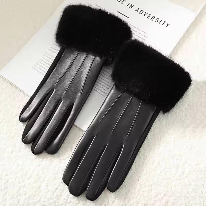 New Leather Fashionable Soft Gloves for Women Artificial Fur Cuffs Winter Warm Touch Screen Gloves Elegant Waterproof Gloves