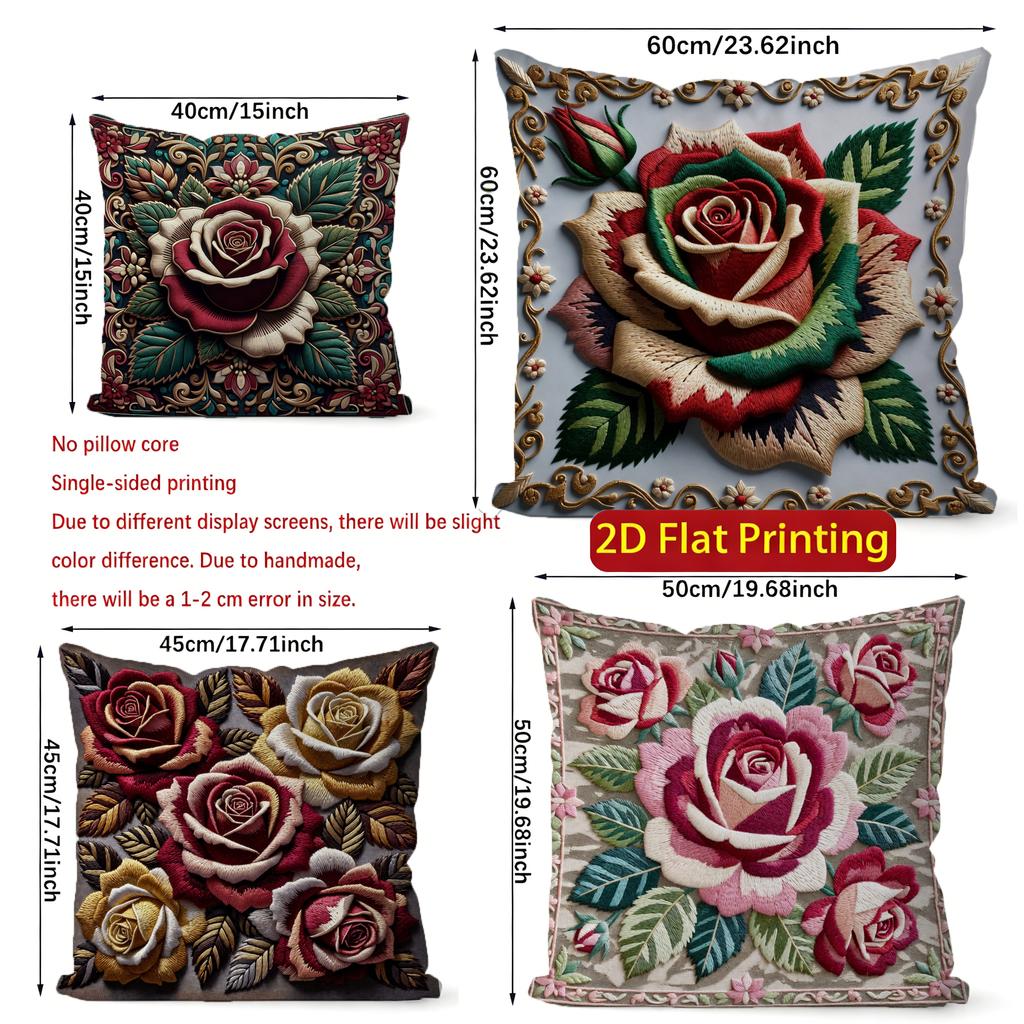 2D Vintage Floral Rose Decorative Throw Pillow Covers Pattern Cushion Cover Suitable For Sofa Bedroom Car Pillow Cover