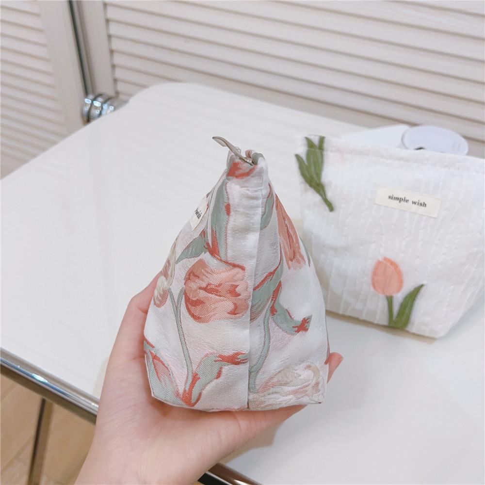 Tulip Pattern Mini Makeup Bag Canvas Portable Zipper Purse Cosmetic Pouch Storage Bag for Traveling,Swimming