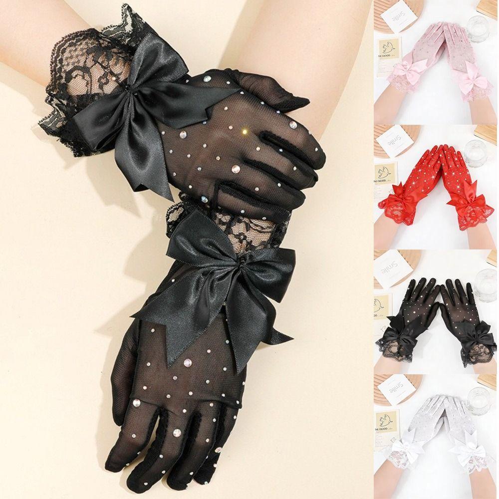1 Pair Bow Knot Design Lace Gloves Full Finger Bridal Gloves Elegant Cosplay Gloves for Women