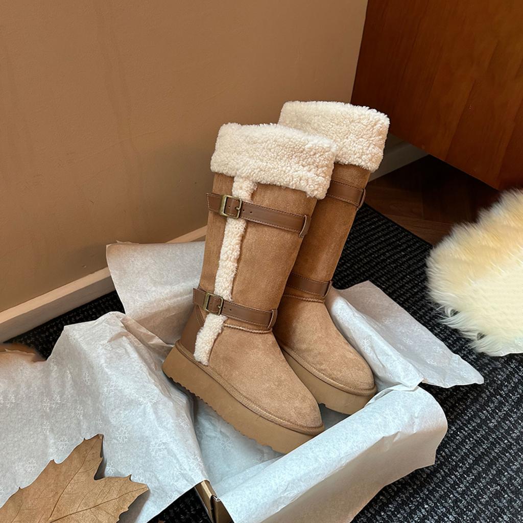 Belt Buckle Thick-soled Snow Boots Women's 2025 New Winter Non-slip Lamb Wool Piled Thickened Tall Snow Cotton