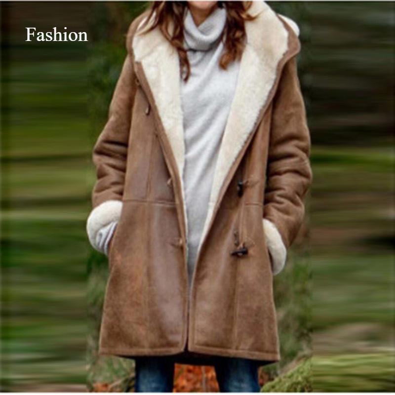 2026 Winter Simple Original Style Coat Solid Color Casual Button Cardigan Warm Medium Long Hooded Women's Coat