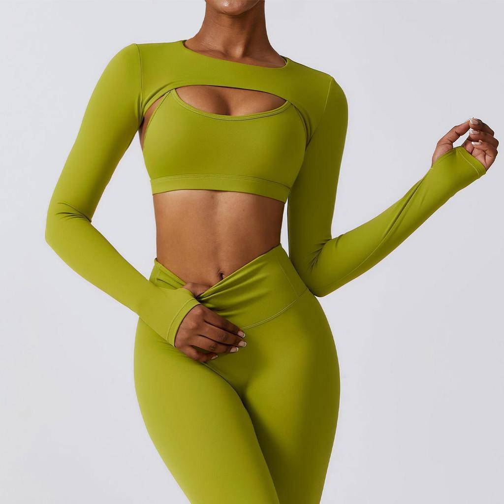 Women's Two-Piece Yoga Set: Sexy Crop Top with Built-in Bra & Thumbholes for Outdoor Sports