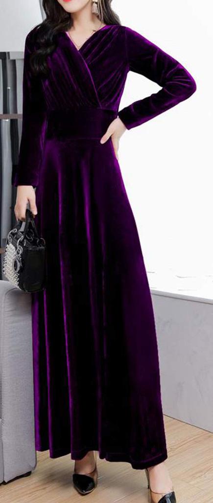 ZHONGJUE Long Sleeve Maxi Formal Performance Dance Plus Size Dress, V-Neck, High-Waisted, Flared, A-Line, Slimming, Dress, Dress, Dress, (Purple, 6)