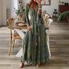 2023 Bohemian Style V-Neck Bell Sleeve High Waist Floral Vacation Dress for Women