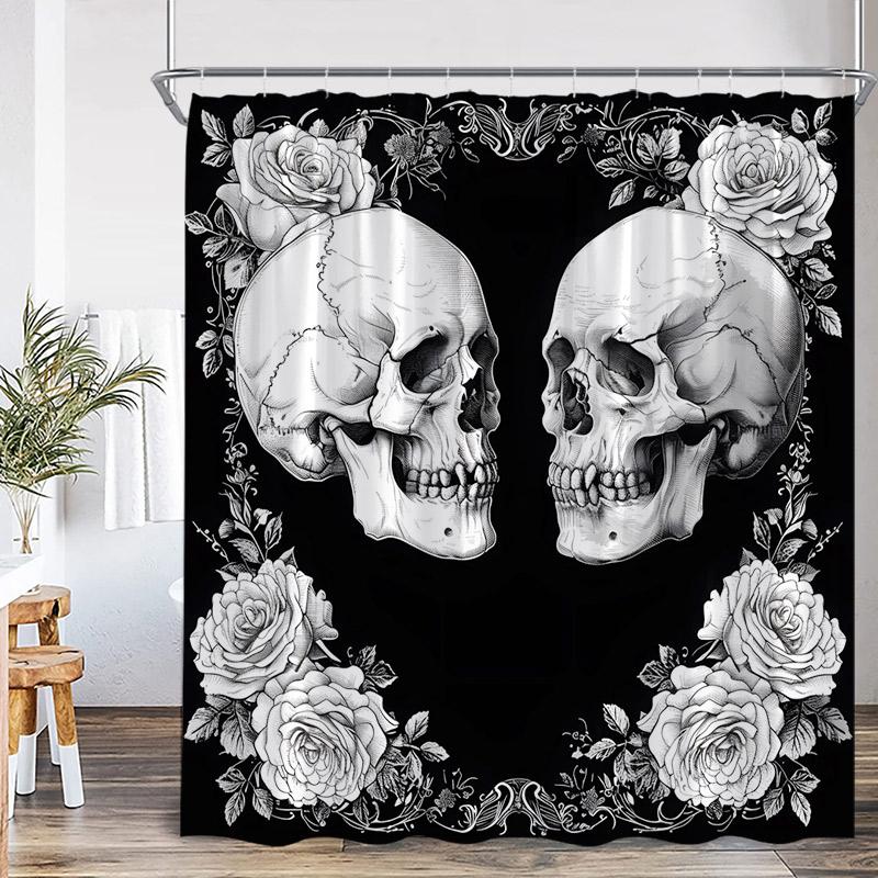 Floral Skull Shower Curtain Blue White Flowers Skeleton Horror Halloween Bath Curtains Polyester Black Bathroom Decor with Hooks