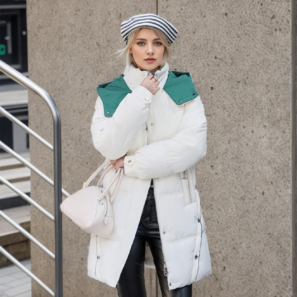 YJKDYK 2024 Winter Damenjacke Damen Kontrast Kapuzen Lange Parkas Mäntel Damen Verdicken Warme Baumwolljacke Für Damen Mäntel