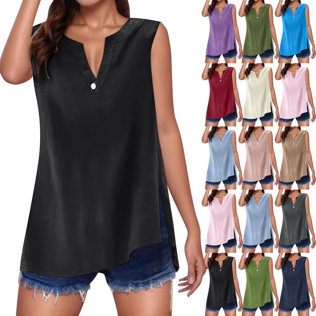 Women's Cotton Linen Solid Colour Sleeveless Shirt V-Neck With Buttons Loose Blouse