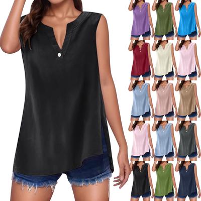 Women's Cotton Linen Solid Colour Sleeveless Shirt V-Neck With Buttons Loose Blouse