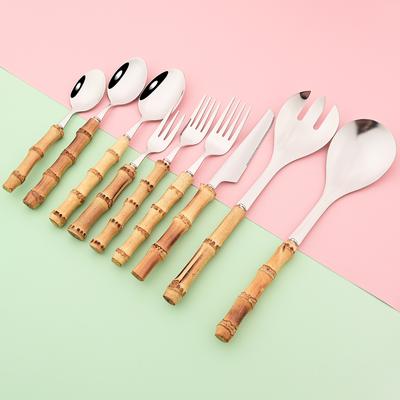 1 Stück Holz Bambus Griff Besteck 304 Edelstahl Geschirr Serviergabel Löffel Besteck Messer Salatgabel Teelöffel Geschirr