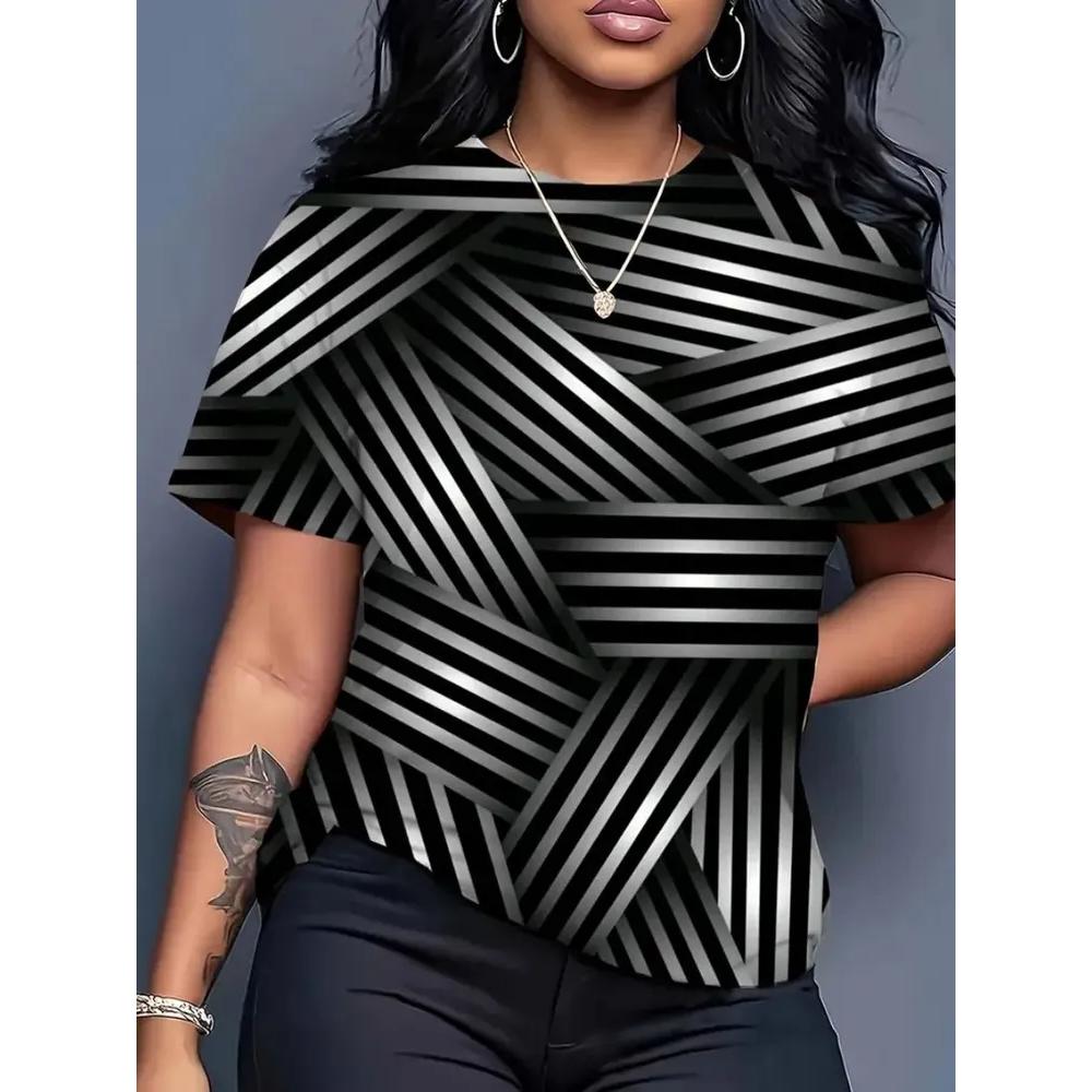 Fashion Women's Striped Printed Top Casual Loose Short Sleeves Comfortable Breathable T-Shirts Women’s