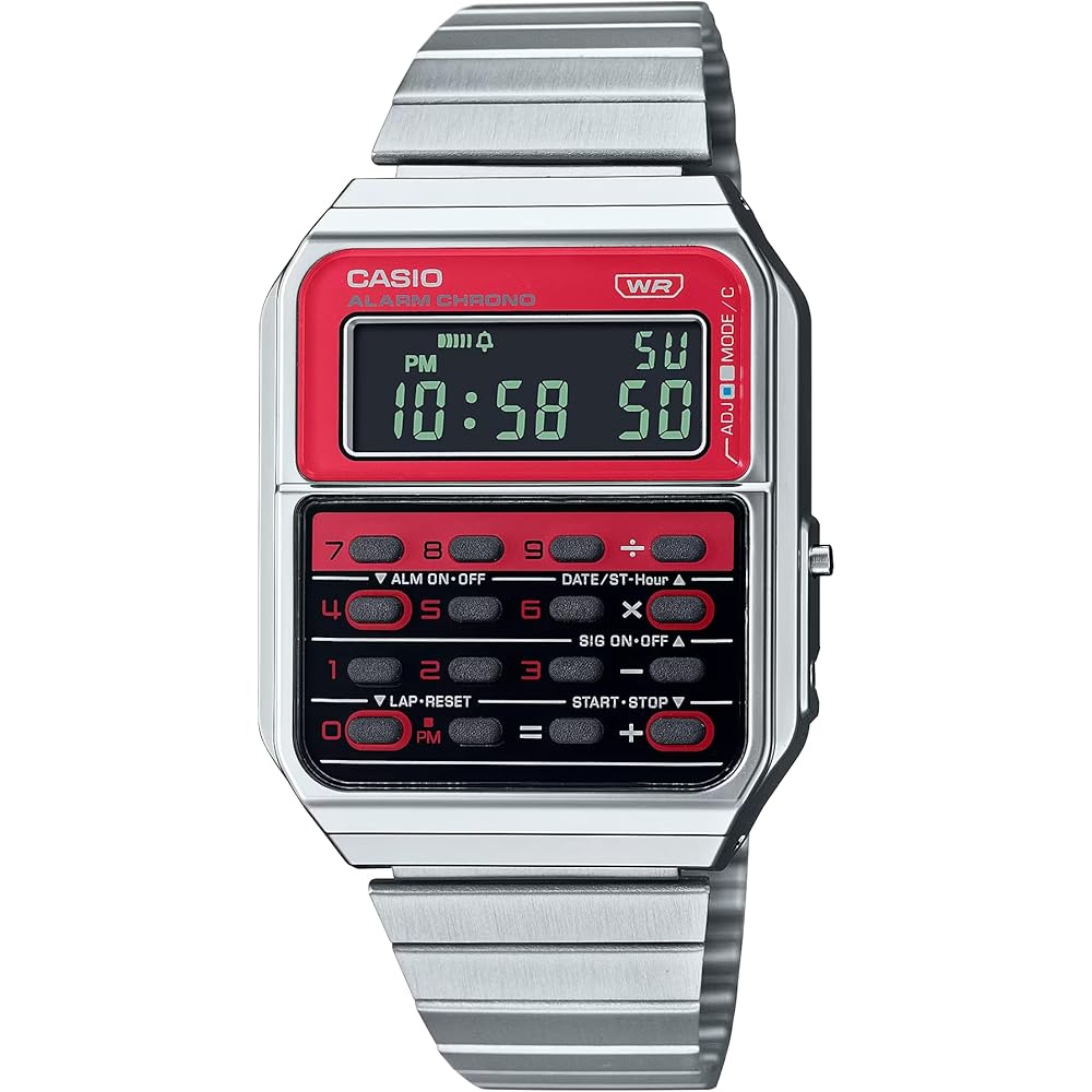 

Casio Data Bank CA-500WE-4B Men s Calculator Watch Red Stainless Steel Bracelet