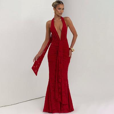 Sexy Deep V Backless Hip Dress European and American Style New Lace-up Pleated Spice Girl Fishtail Dress