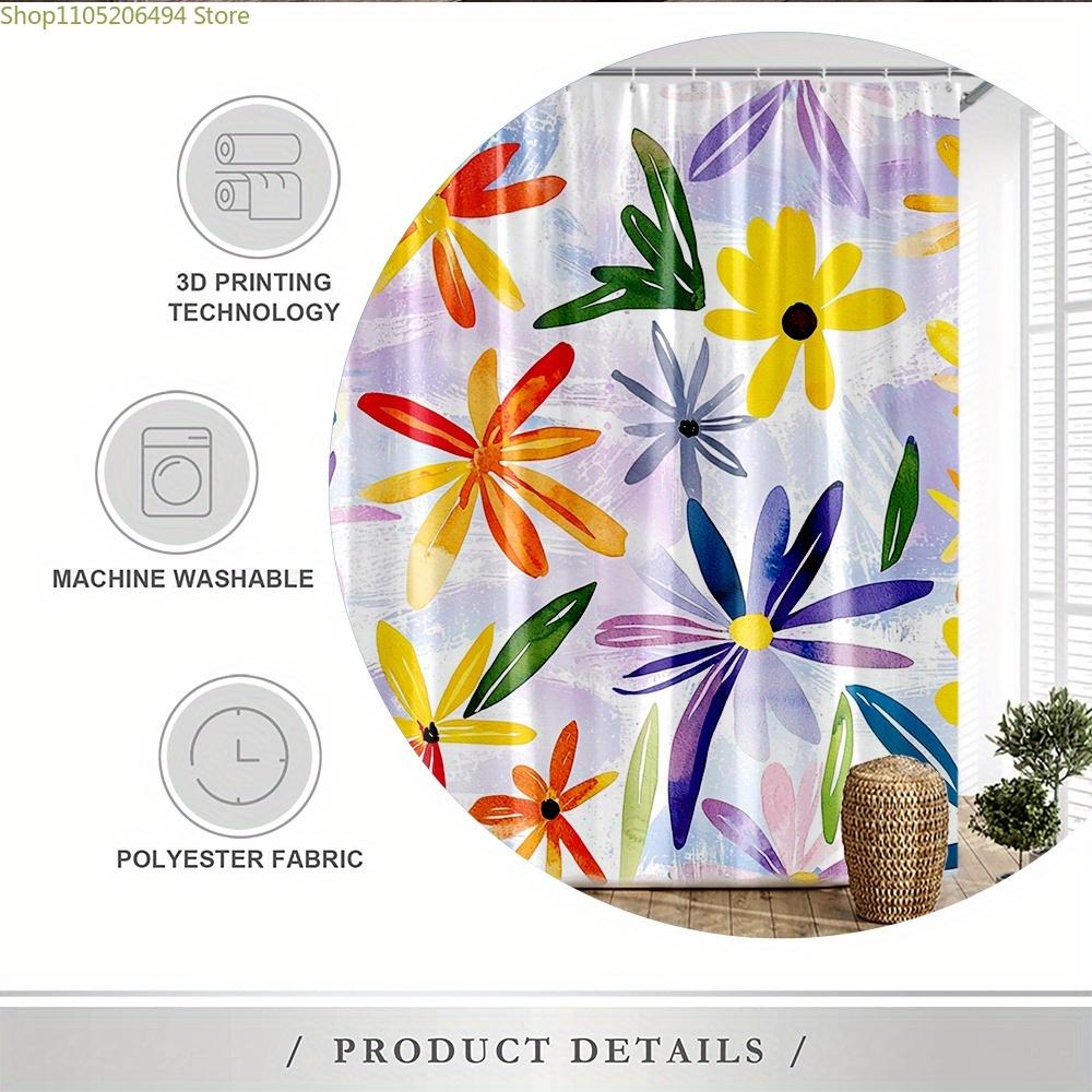 1pc Playful Abstract Floral Watercolor Shower Curtain, Pale Purple and White with Bright Yellow, Orange, Red, Purple, and Gree