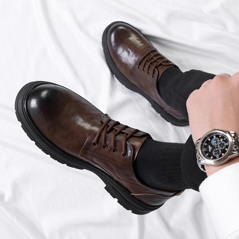 Fashion Brand Mens Round Toe Breathable Derby Shoes Autumn Classic Men Genuine Leather Comfortable Lace Up Business Casual Leather Shoes