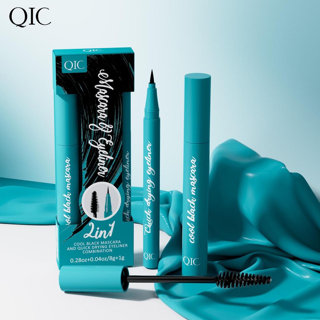 Kit mascara eyeliner QIC scatola verde, mascara waterproof e anti-macchia, base per ciglia lunghe
