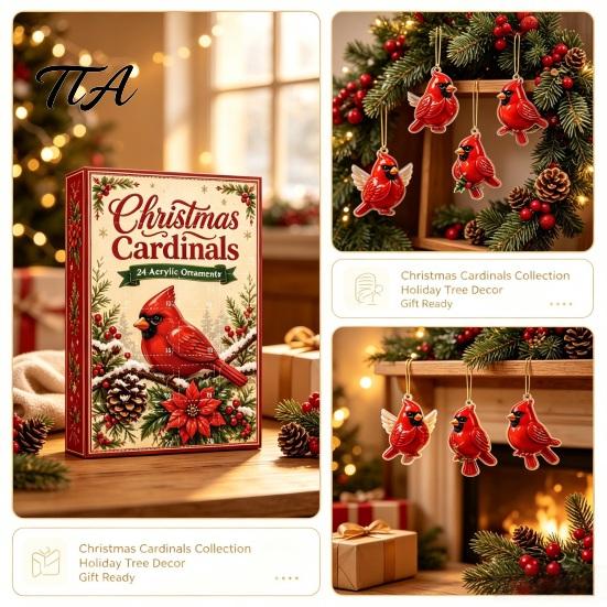 Acrylic Ornament Collection Red Bird Advent Calendar, 24-Day Christmas Countdown Set with Ornaments, 2D Tree Hanging Decor, Holiday Gift for