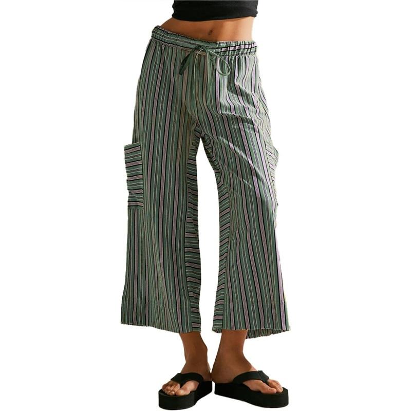 Women's pants summer striped straight pants drawstring wide-leg beach casual pants