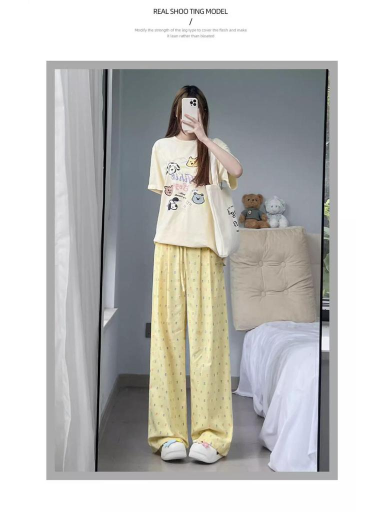 Women's 2024 Summer Yellow Polka Dot Wide-Leg Ice Silk Pants