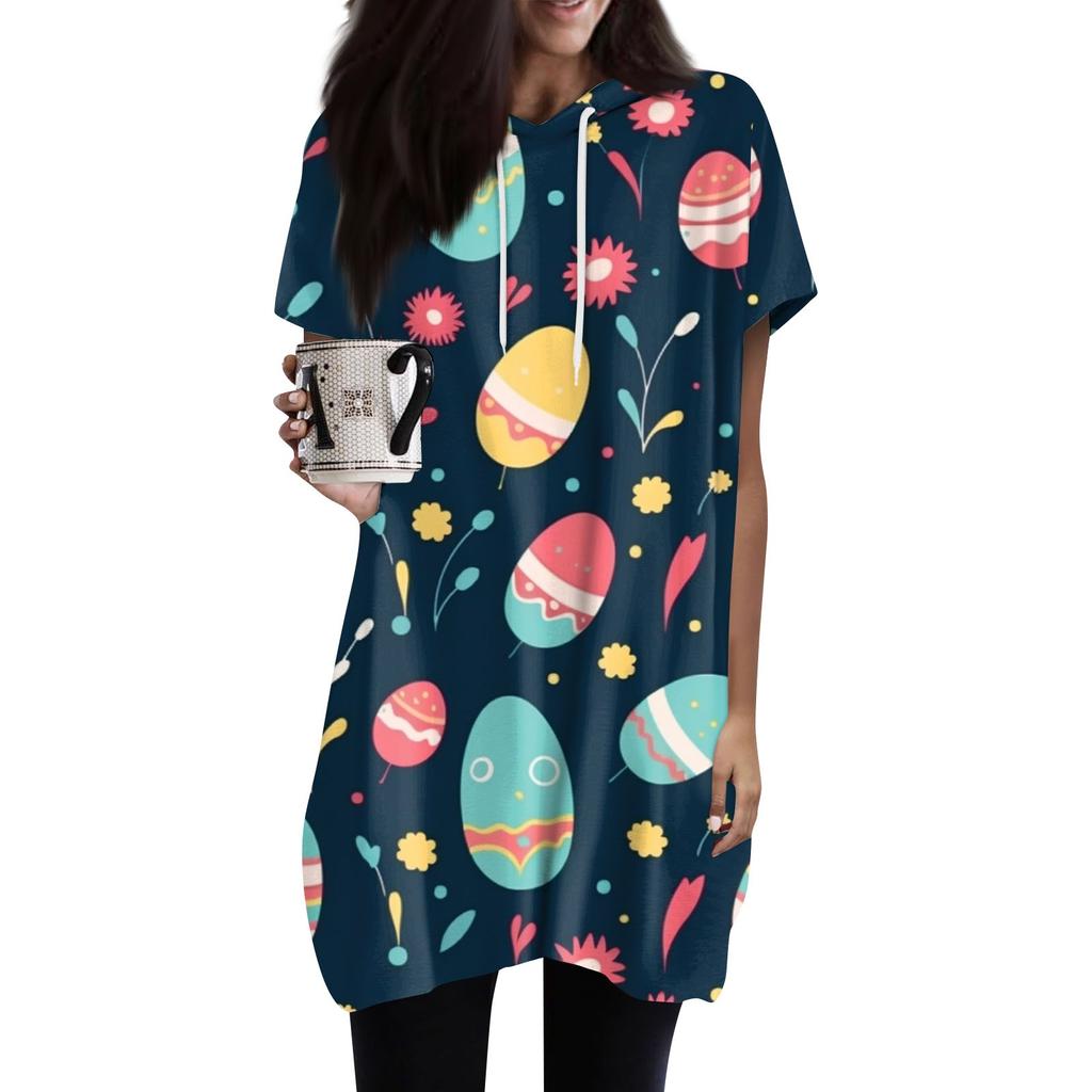 Women's Fashion Casual Easter Print Hooded Pocket Short Sleeve Top