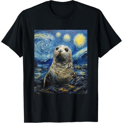 Cute Seal Sea Lion - Van Gogh Style - Starry Night Graphic T-Shirt(1)