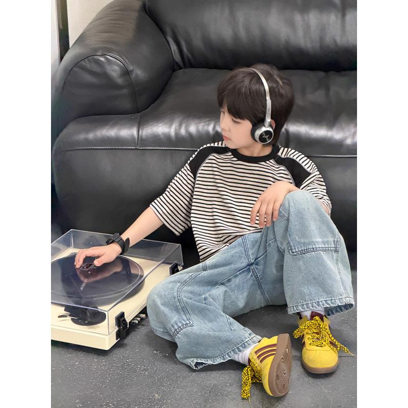 Outdoor Mountain-Style Boys' Summer Cool And Stylish Color-Blocked Striped Top Breathable Letter-Print Short-Sleeve T-Shirt For Older Children