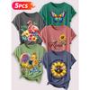 Follow a specific direction Five-piece set for women T T-shirt with vintage floral and bird print Elegant summer clothing Short-sleeved shirt for