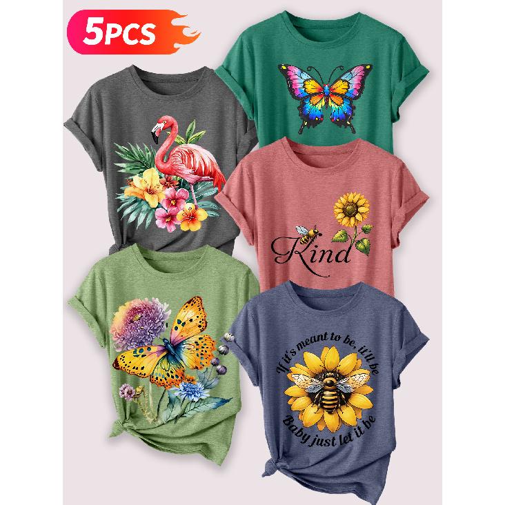 Follow a specific direction Five-piece set for women T T-shirt with vintage floral and bird print Elegant summer clothing Short-sleeved shirt for