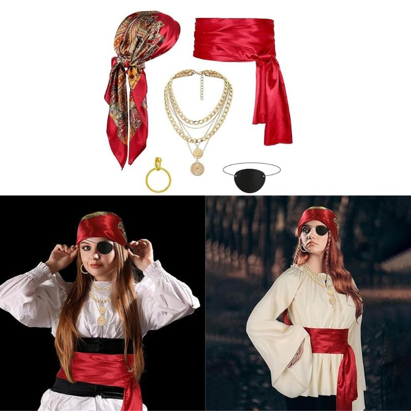 5Pcs Pirate Costume Accessories Captain Pirate Outfits Pirate Bandana Head Scarf Sash Necklace Earrings Eye Patches Set