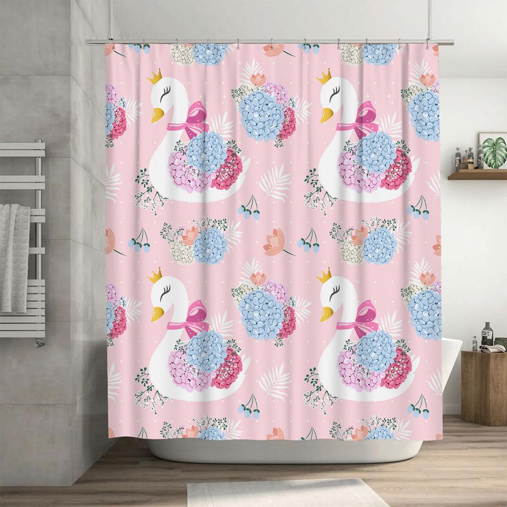 Pink Bath Shower Curtain with Swan Print Home Decoration for Bathroom Waterproof Fabric Printed Curtains Pink