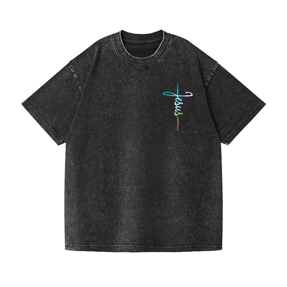 T-shirt Unisexe Lavé Graphique Croix de Jésus Arc-en-ciel Foi Chrétienne Oversize