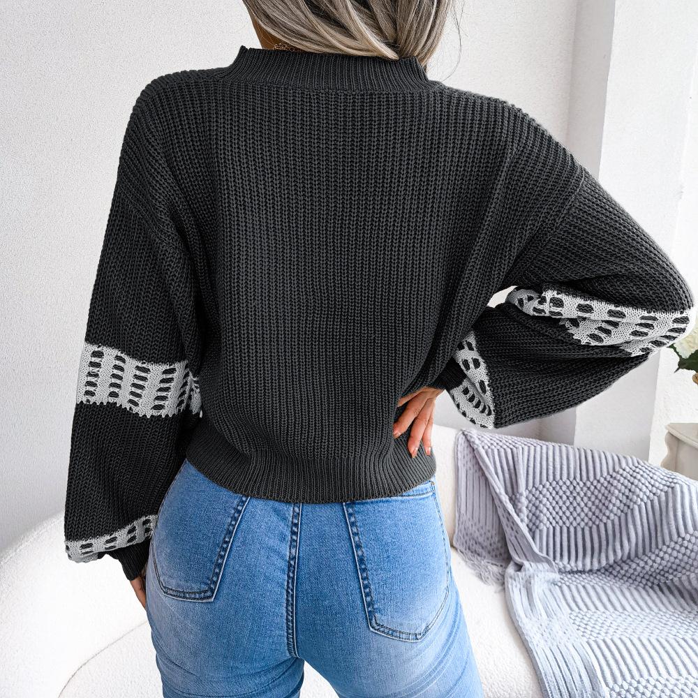 Pulover cardigan cu mânecă lanternă în contrast pentru femei, toamnă iarnă