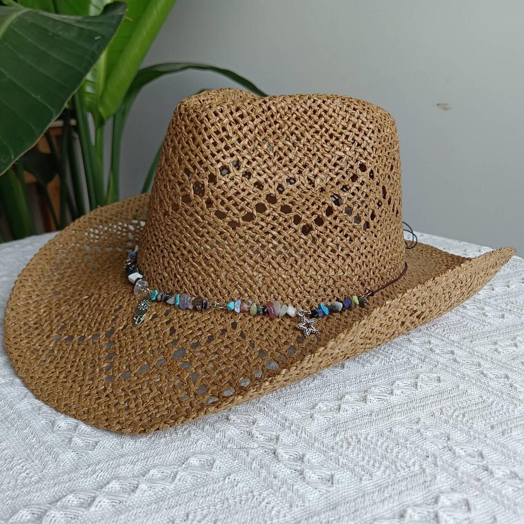 2026straw New cowboy hat women'shollow woven cowboy straw hat retro elegant western cowboy wide brim hat
