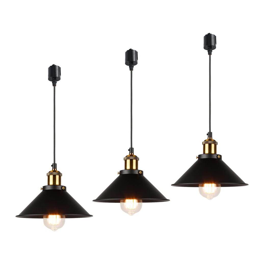 Set of 3 Retro Industrial-Style Pendant Lights with Black Cords, Iron Shades, and Industrial Lighting Fixtures. These stylish, Scandinavian-inspired