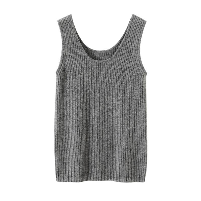 Women's U-Neck Cashmere Vest - Autumn/Winter 2023, Slim, Ribbed, Sleeveless with Wide Straps
