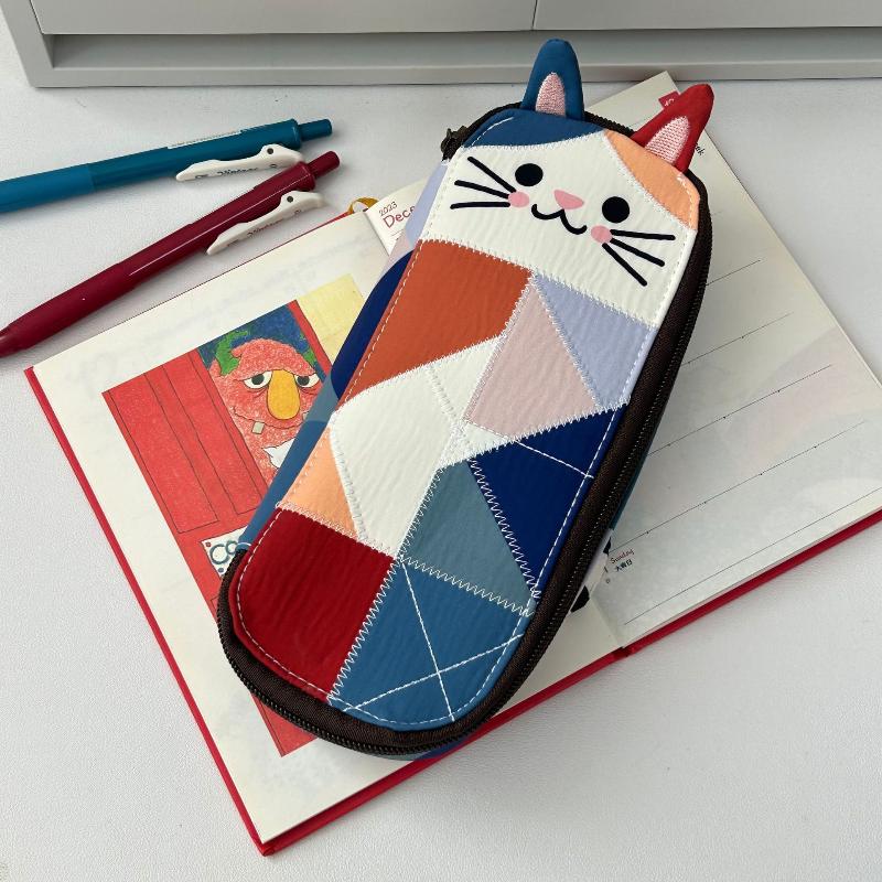 

1Pcs Color Block Cartoon Cat Design Storage Bag Japanese Style Patchwork Pencil Case Cute School Supplies For Girls One Size