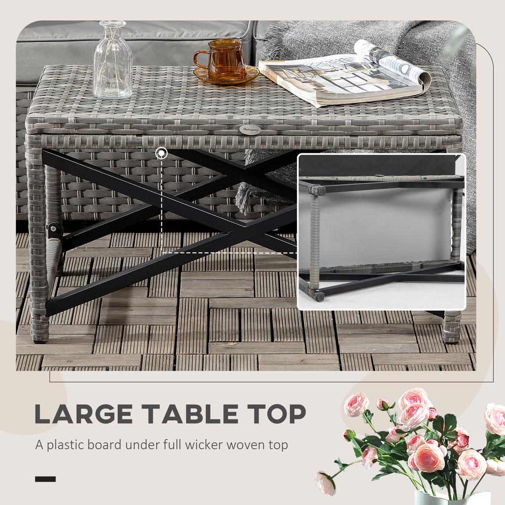 Outdoor Coffee Table, Garden PE Rattan Side Table with Plastic Board Under the Full Woven Table Top and X-Shaped Frame for Patio, Balcony, Mixed Grey
