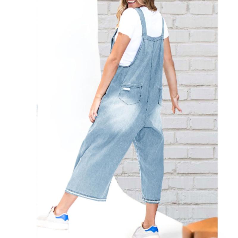 Mono vaquero informal, holgado, de pierna ancha, con agujeros desgastados, estilo retro, a la moda, para mujer