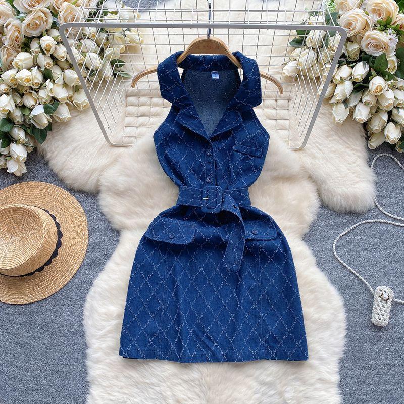 

Fashionable Retro Denim Elegant Lapel Slim Fit Dress Dark Blue XL