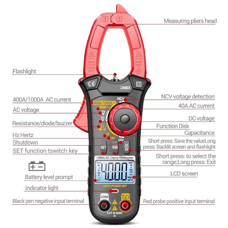 Portable Digital Clamp Multimeter with Large Screen Display High Accuracy Current Clamp Meter 6000A for Professional